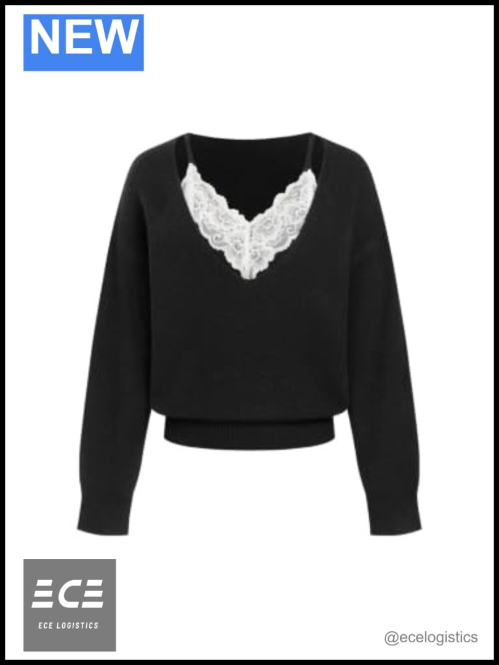 Lace V-Neck Long Sleeve Wool Blend Pullover Sweater